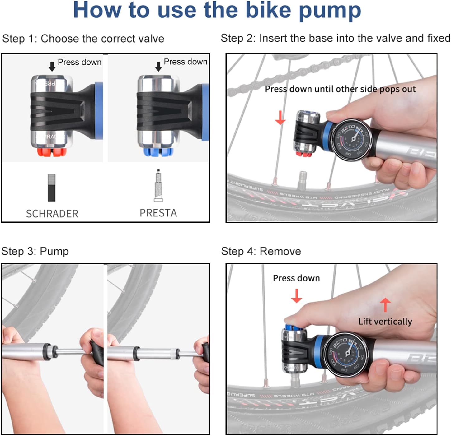 Mini Bike Pump with Gauge - Portable Frame Pump with EZ-Head Fits Schrader/Presta, Foldable T-Handle - Road Mountain MTB BMX Bike Pump (Style:B)
