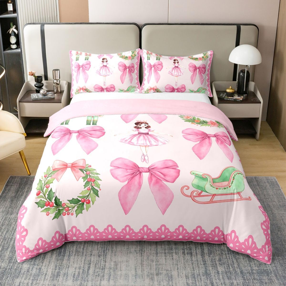 Feelyou Girls Pink Christmas Duvet Cover 100% Cotton Queen Size
