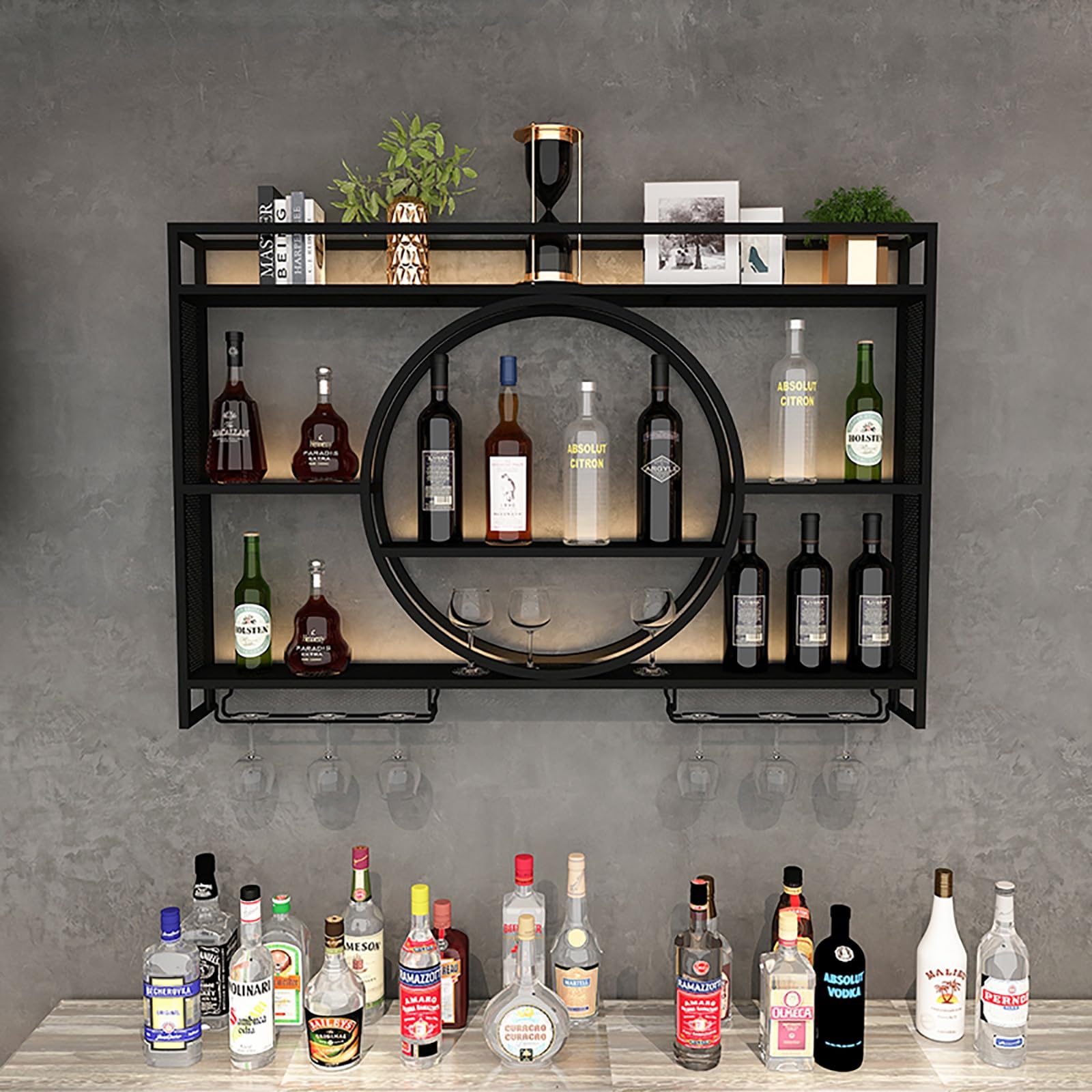 Casier à vin avec support verres à pied étagère murale bois métal pour cuisine et bar