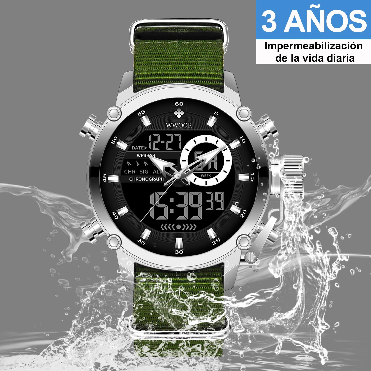 WWOOR Reloj deportivo para hombre,Relojes militares para,reloj electrónico táctico, reloj de pulsera LED, cronómetro, resistente al agua, relojes analógicos digitales