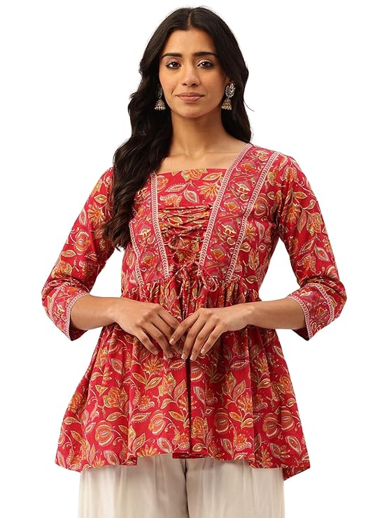 Princess Cut Top for Women – 3/4 Sleeves with Front Drawstrings (S-XXL) – Magenta