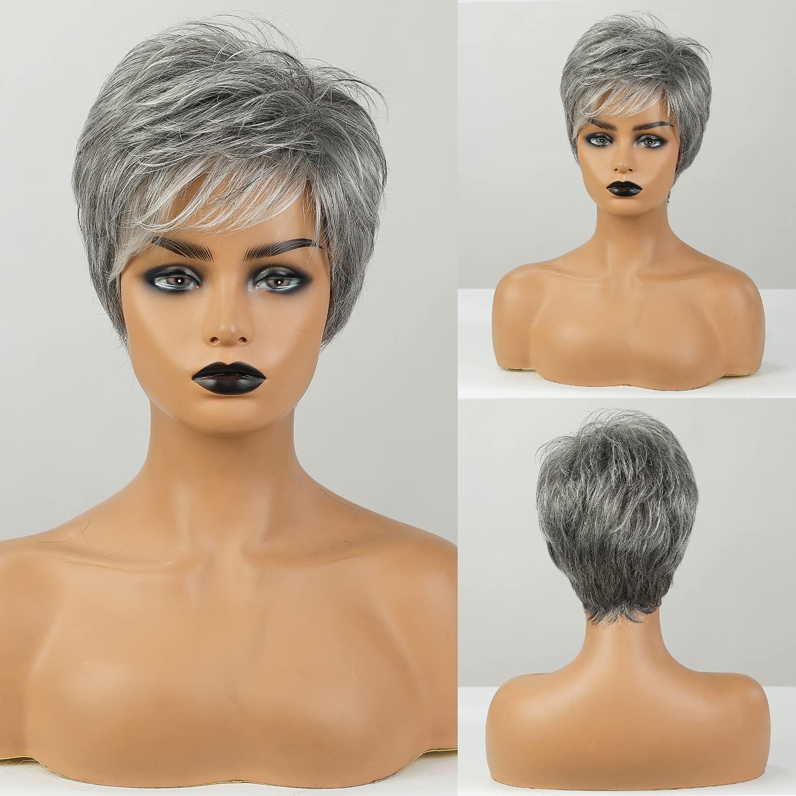 HAIRCUBE Perruque Naturelle Courte Humaine Pour Femmes - Ombrée Gris à Blanc - Utilisation Quotidienne