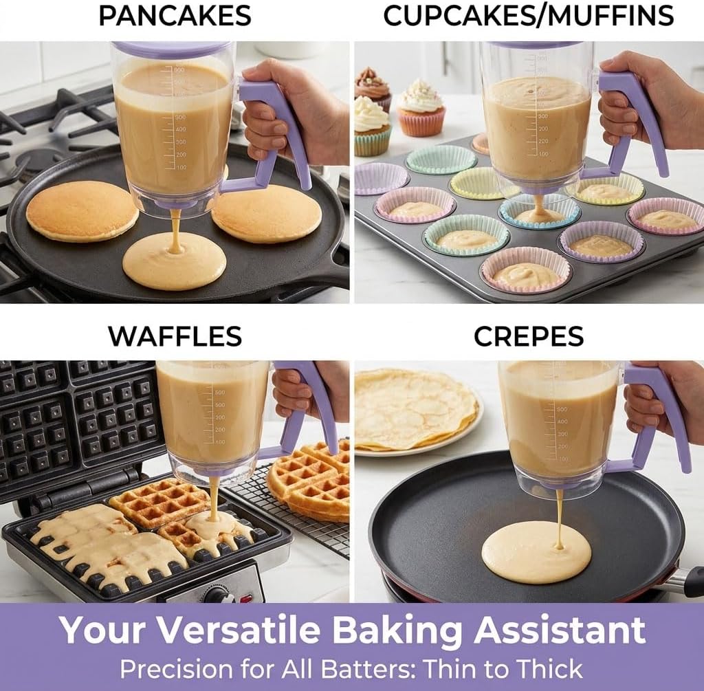 Pancake Batter Dispenser Bottle,32 Oz Batter Dispenser with Squeeze Handle for Cupcakes,Funnel Cake Batter Dispenser with Measurement Markings Silicone Brush Scraper for Waffles, Muffins (2PCS)
