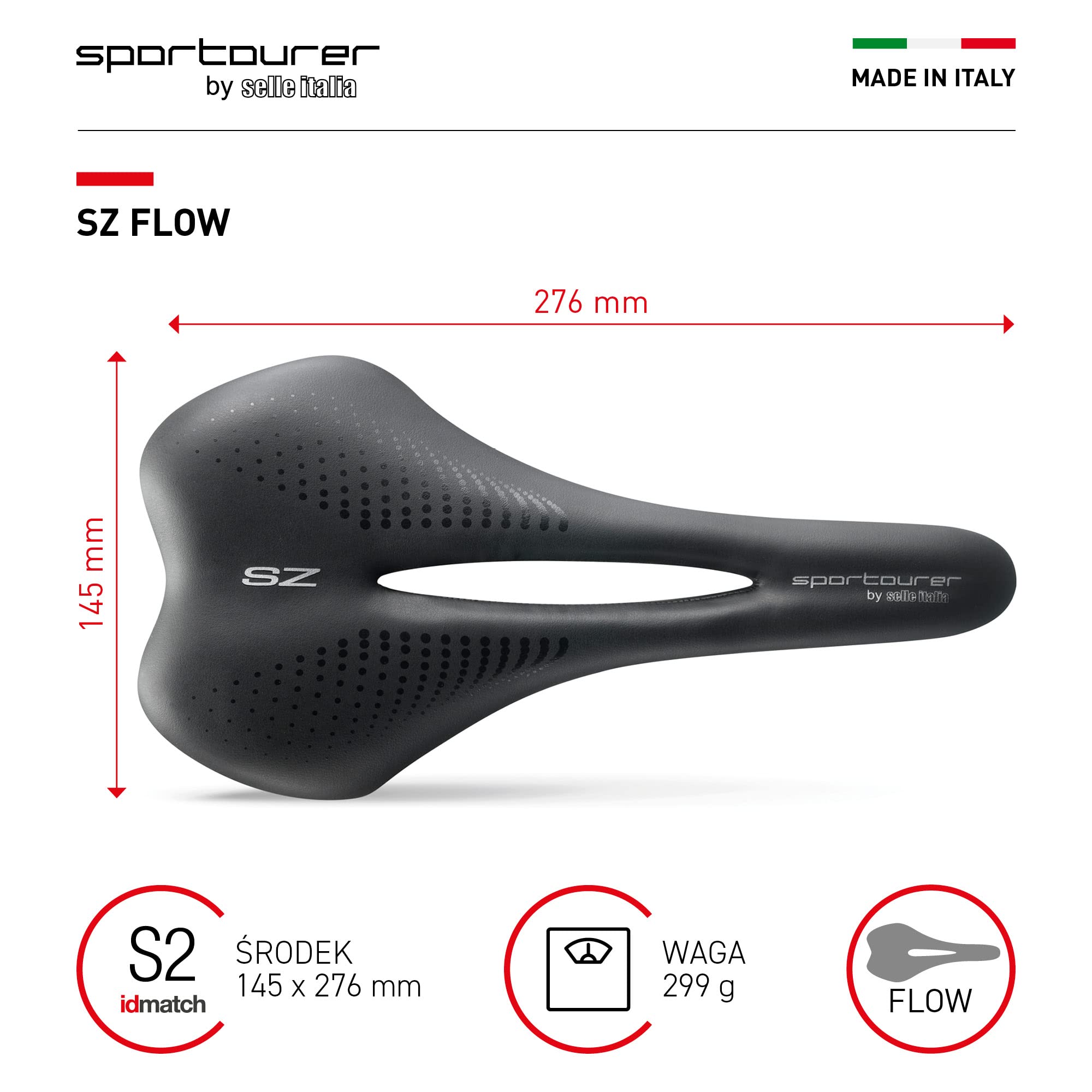 Selle Italia Sportourer SZ Flow – Siodełko Rowerowe, Wodoodporne i Ergonomiczne, Miękkie, Duże Siedzisko – Rozmiar L2, Czarny
