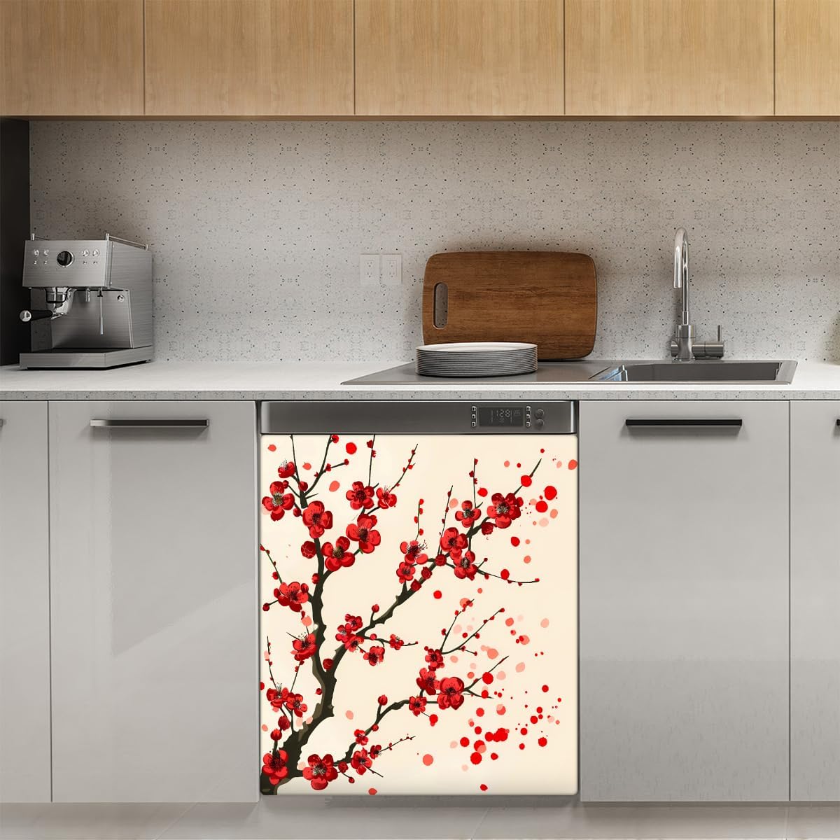 Dishwasher Magnet Cover Red Japanese Cherry Blossom Flower Reusable Dishwasher Magnetic Cover Sticker Decorative Dish Washer Door Cover Panel for Home Kitcen Appliance thumbnail