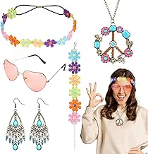 AOOWU Hippie Costume Set Retrò, Accessori Bohemia Set Costume, Stile Vintage Anni 60 Anni 70 Hippie Accessori, Occhiali da Festa Hippie, Orecchini, Cerchietto con Girasole, Collana con Segno di Pace