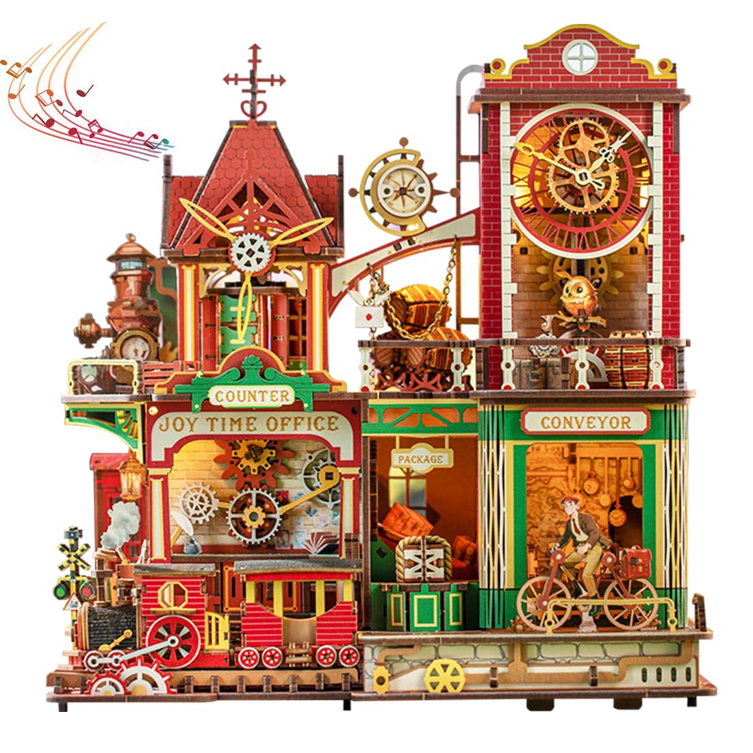 ELPHNUTSEY Miniaturowy dom Book Nook zestaw do majsterkowania z drewna, model 3D z czujnikiem dotykowym, 3 tryby (światło/obrót/muzyka), lokomotywa parowa i mechanizm zegarowy, diorama, zestaw do