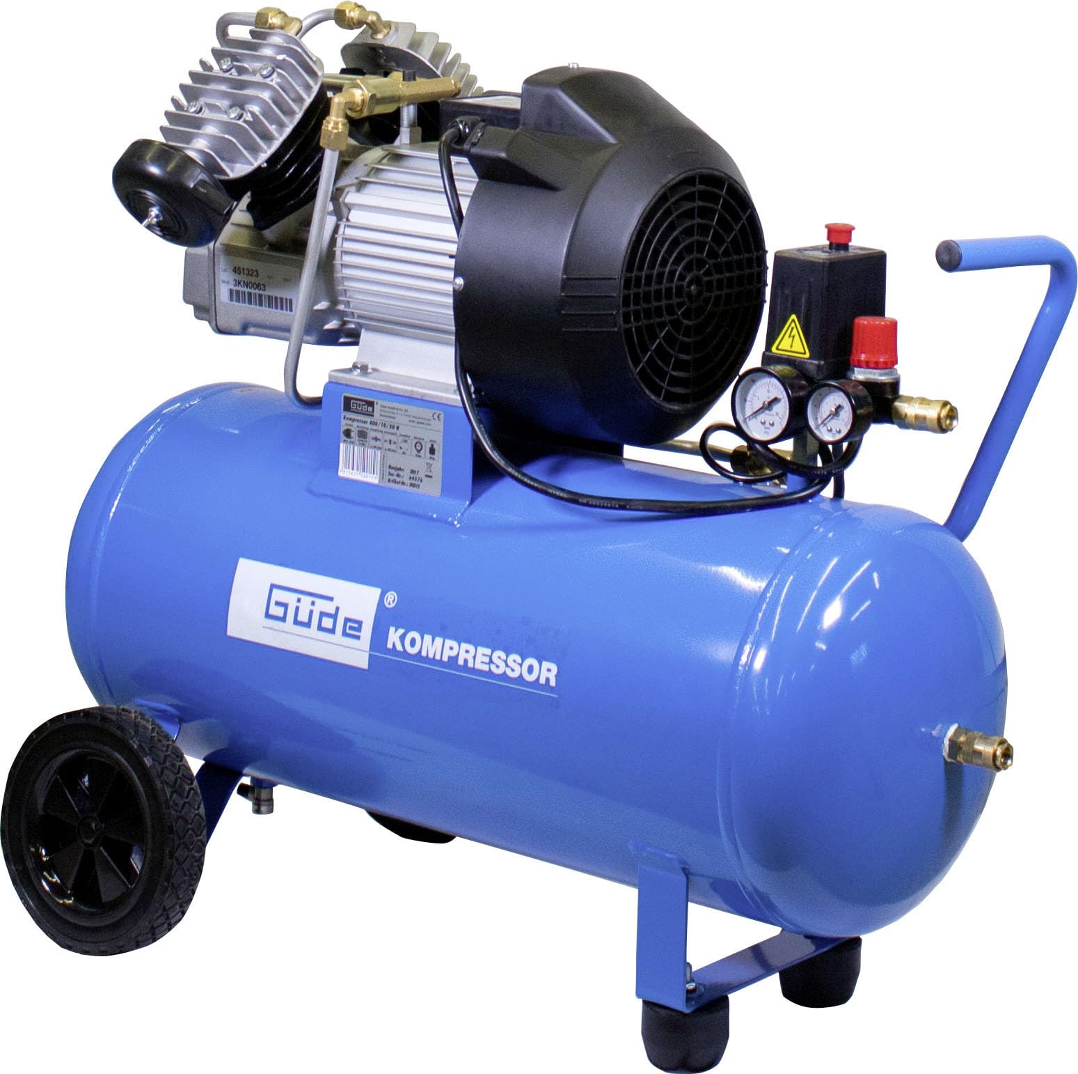 Güde 400/10/50 N Kompressor - 230 Volt, 50 Liter Kessel, 2,2 Kilowatt, max. Druck 10 bar, eff. Liefermenge bei 0 bar 303 l/min, 2-Zylinder-V-Aggregat ölgeschmiert, 2 Manometer, 2 Druckluftkupplungen