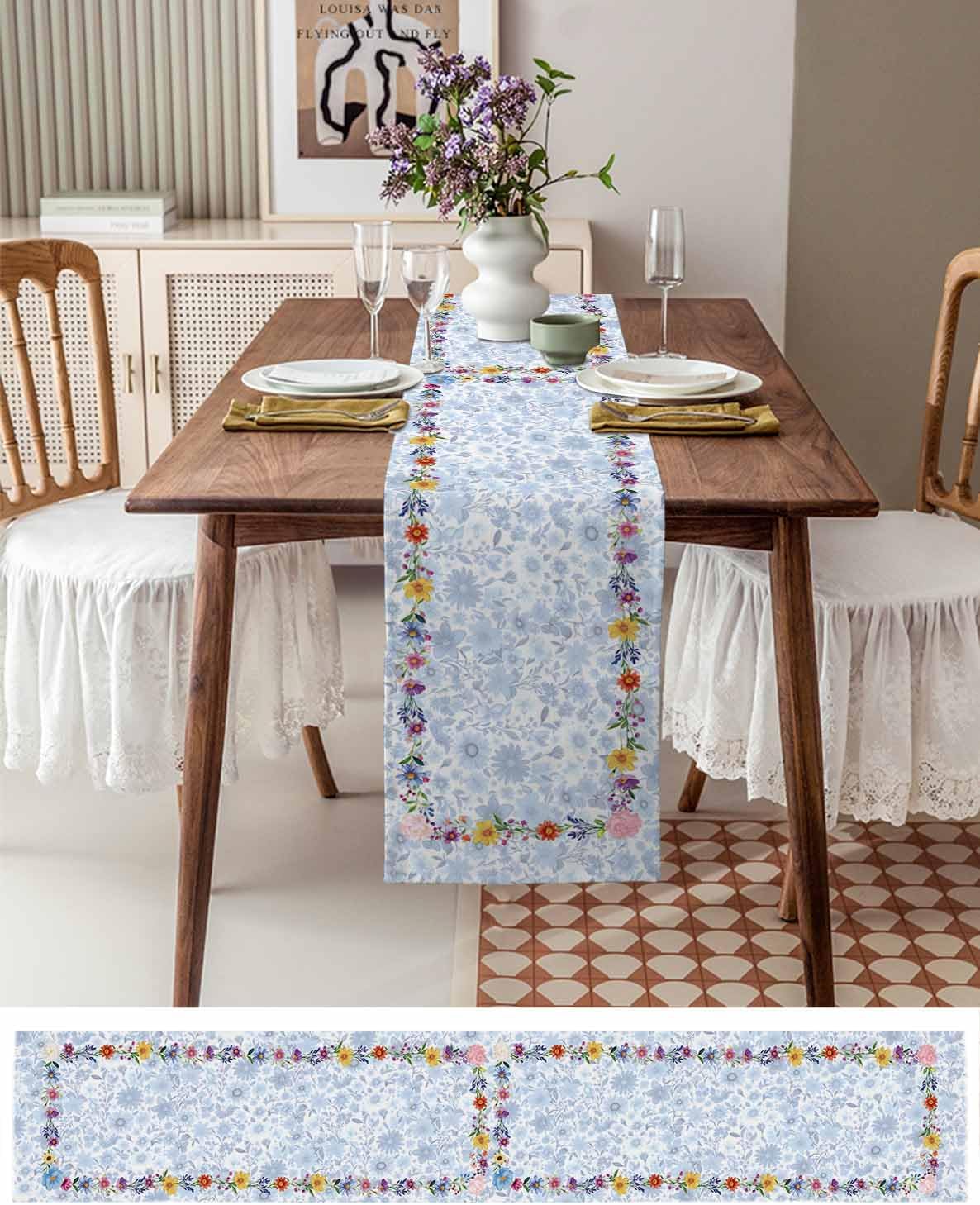 Spring Table Runner Colorful Blossom Flower Tabletop Runners Watercolor Floral Art Farmhouse Kitchen Dining Table Decoration for Seasonal Indoor Outdoor Holiday Party-108 Inches Long