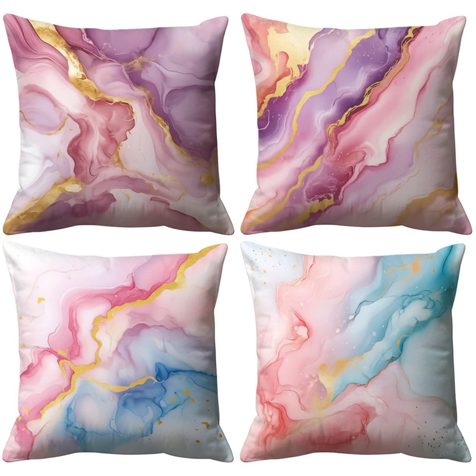Housses de coussin 35x35 cm en lin motif marbre rose et bleu pour décoration de salon