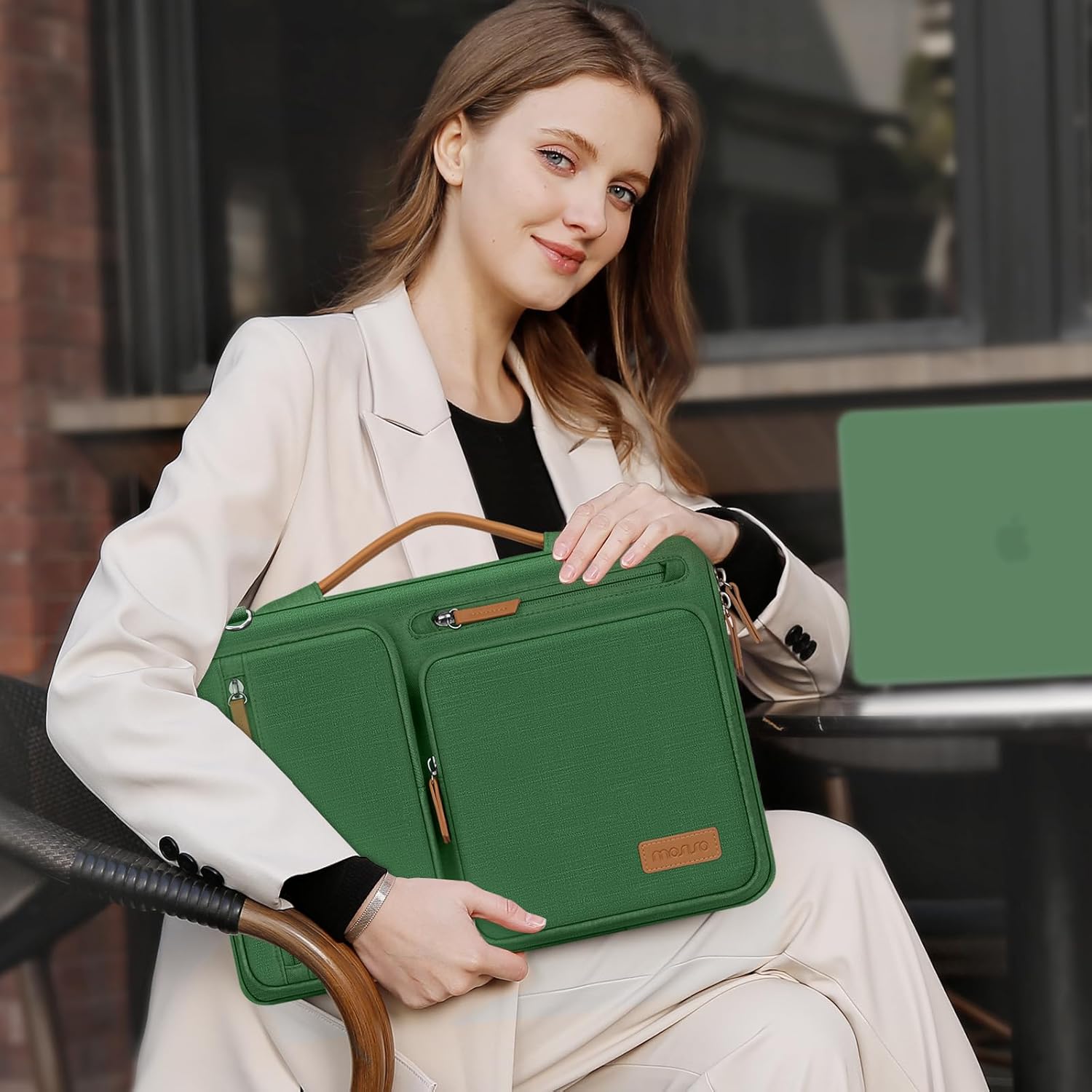 MOSISO 360 Protective Laptop Shoulder Bag,15-15.6 inch Computer Bags Compatible with MacBook Pro 16 inch, HP, Dell, Lenovo, Asus Notebook,Side Open Messenger Bag with 4 Zipper Pockets, Jungle Green