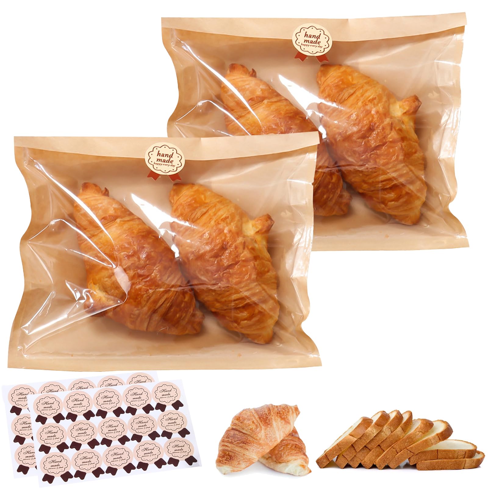 Photo 1 of 100 Pack Bread Paper Bags for Homemade Bread, 8 x 8'' Heat-Sealable Bakery Bags with Clear Front Window and Label Seal Stickers for Baked Goods Cookie Cake Sandwich Candy, Brown