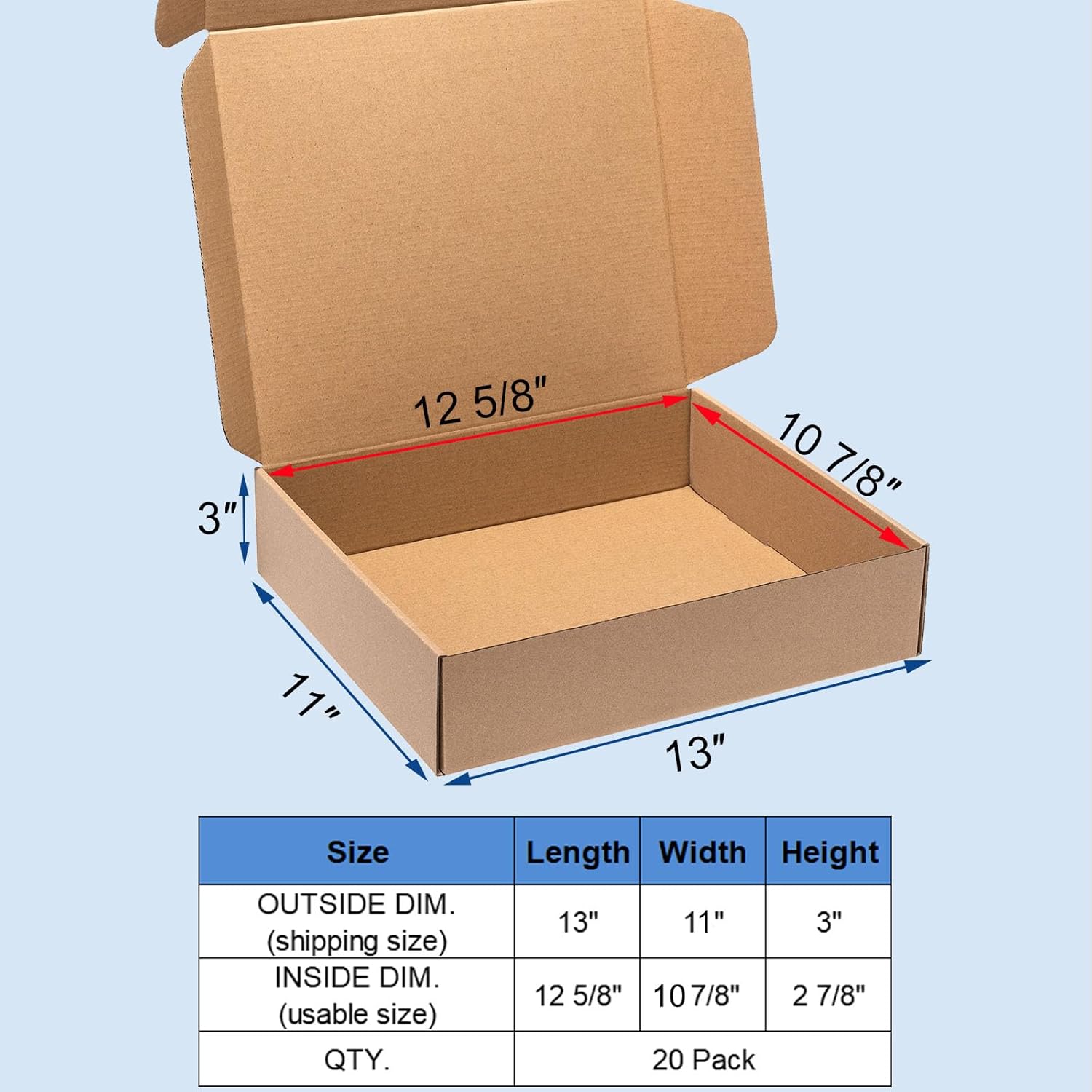 Wowxyz Shipping Boxes 13x11x3 Inches 20 Pack Corrugated Cardboard Mailing Boxes for Small Business, Kraft Medium Literature Mailer Packaging Supplies Brown