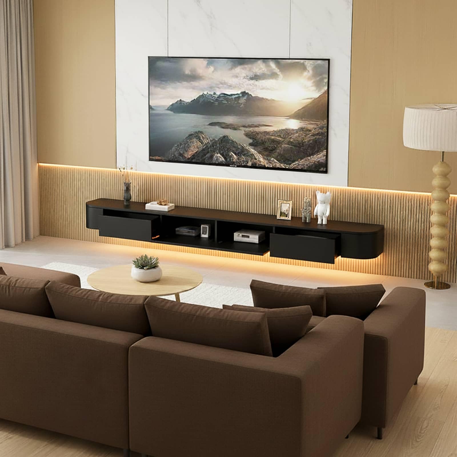 TV Lowboard Wall-Mounted tv Cabinet Tv Schrank schwebend-Schwarz+LED-Lichtleiste