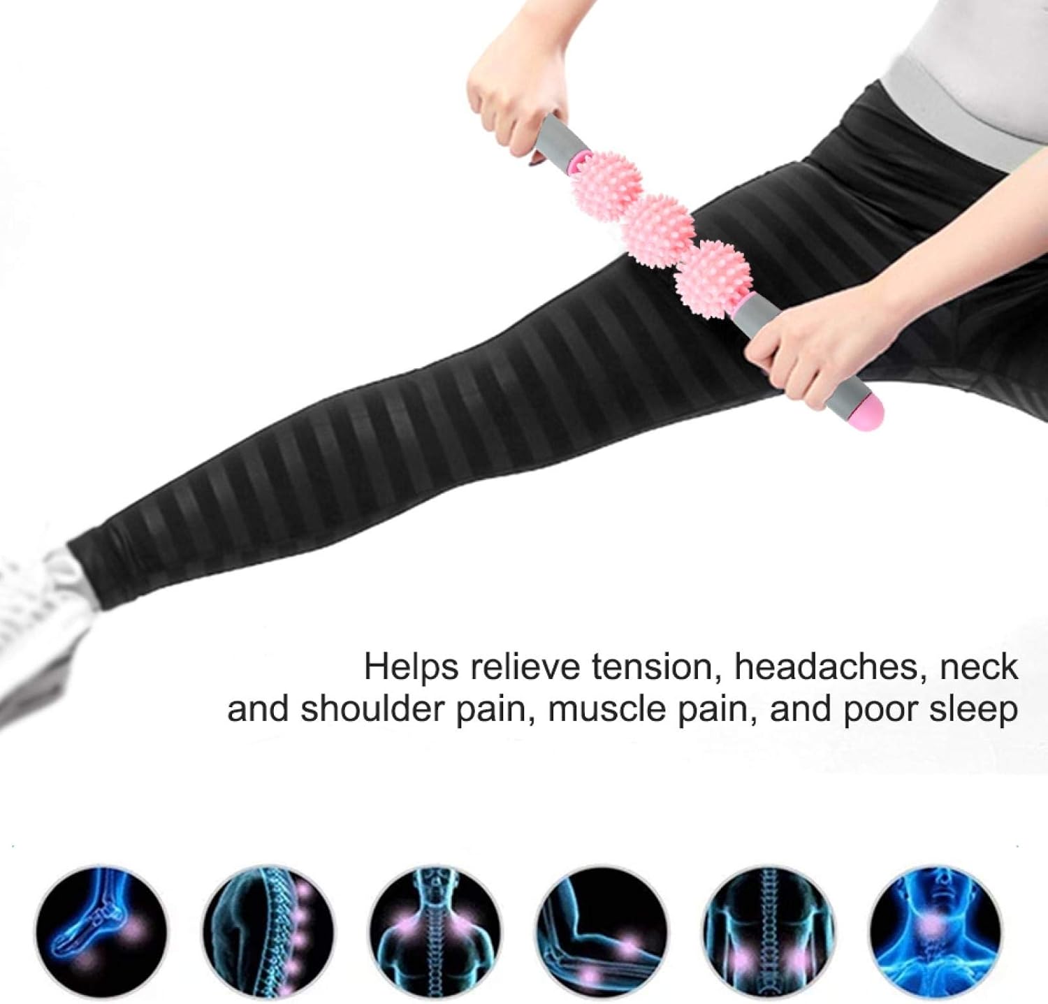 Muscle Roller Stick, Portable Yoga Massage Stick with 3 Spiky Balls for Deep Tissue Relief, Myofascial Release Massager for Legs Arms Back Shoulders Neck Pain Relief (Pink)