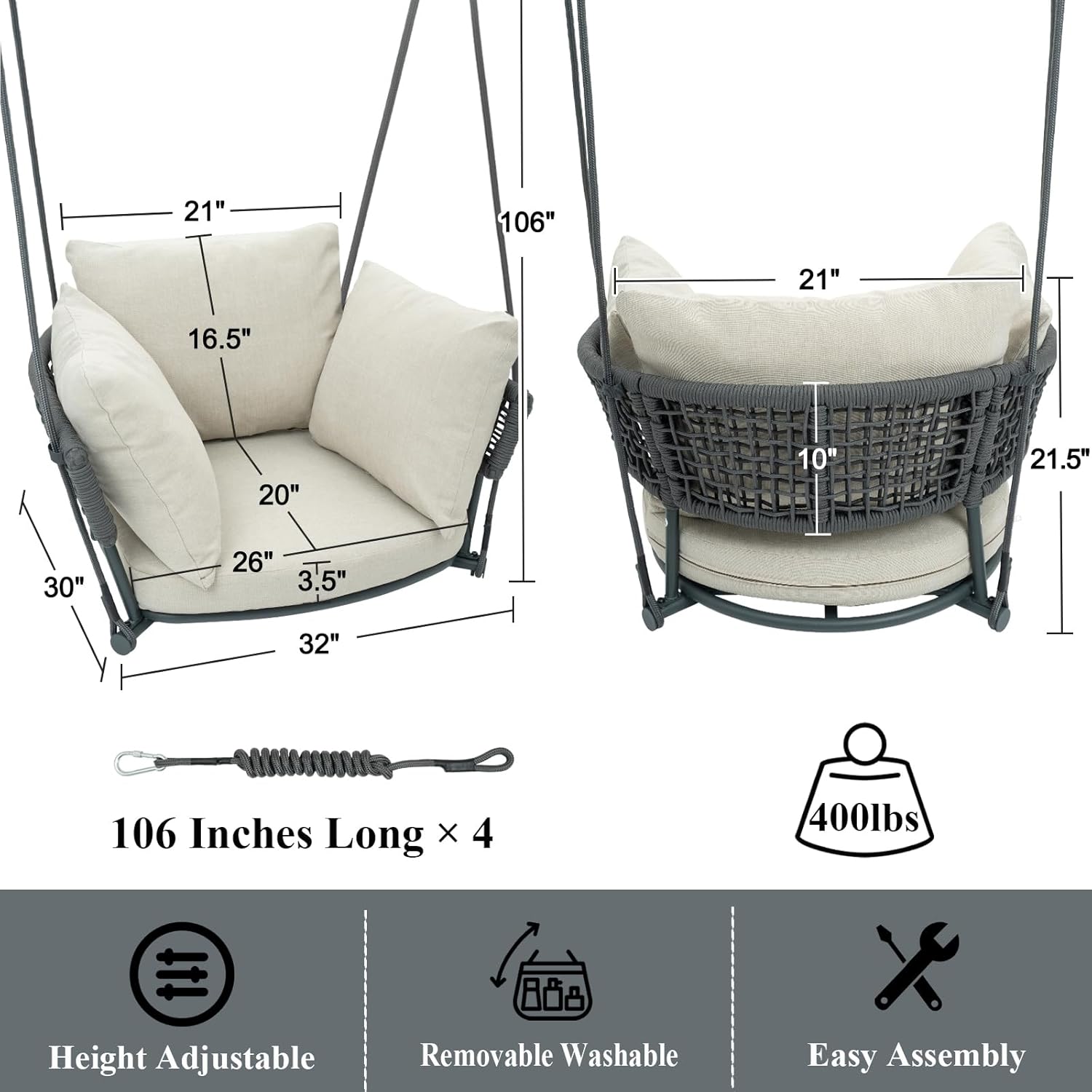 Single Porch Swings Chair with Cushions, Hanging Rope Swing, Hanging Chair for Bedroom, Hammock Chairs Swing Indoor & Outdoor, Macrame Hanging Swinging, Patio, Balcony, Beige