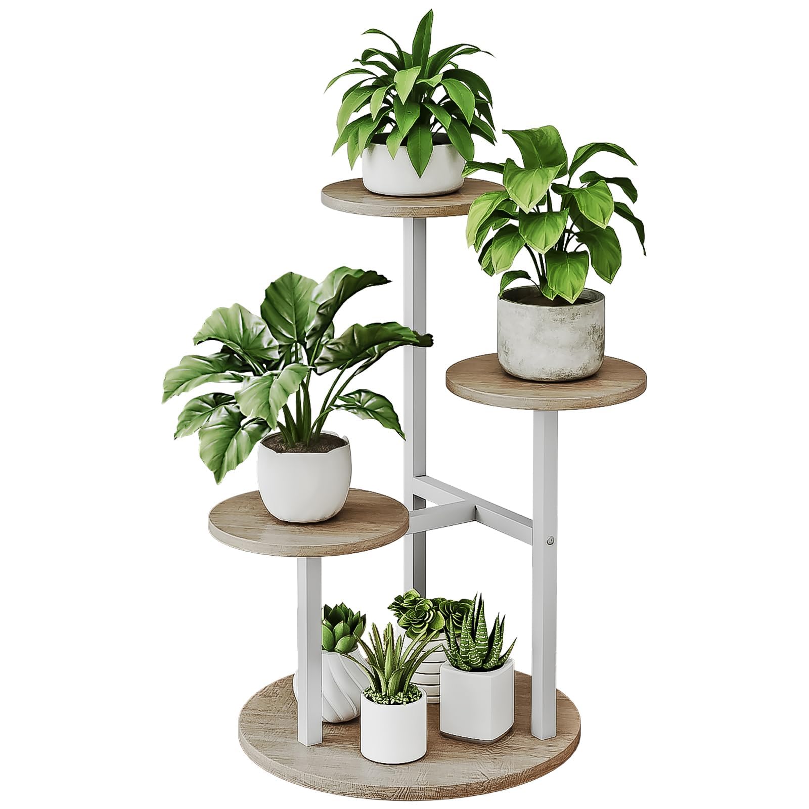 Dazioter 4 Tier Plant Stand Indoor Corner Metal Flower Stand for Multiple Plants Round Plant Holders for Patio Garden Balcony Bedroom Living Room White (White+Sonoma Oa, 4 Tier)