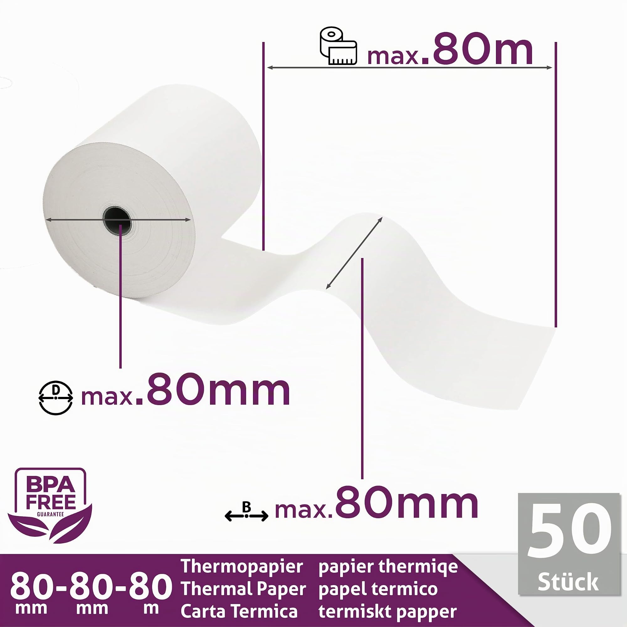 Rouleau Thermique 80x80x12 pour Imprimante - Bobine 80x80mm sans BPA