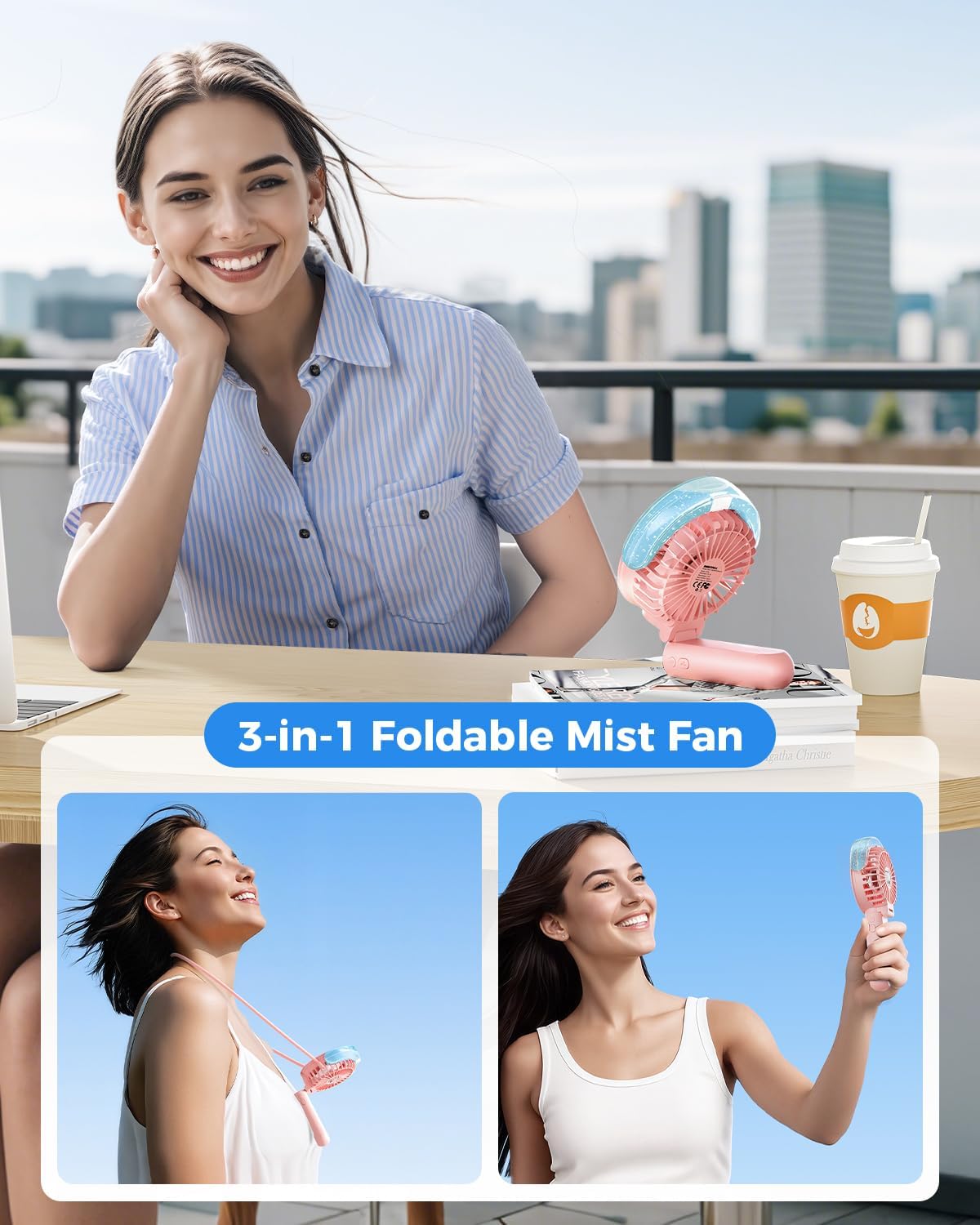 SWEETFULL Misting Fan Portable - 180° Foldable Handheld Personal Fan with Mist Spray, 3 Speeds, 30ml Water Tank, USB Rechargeable for Travel, Outdoors, Makeup, Camping, Home, and Office Use - Image 6
