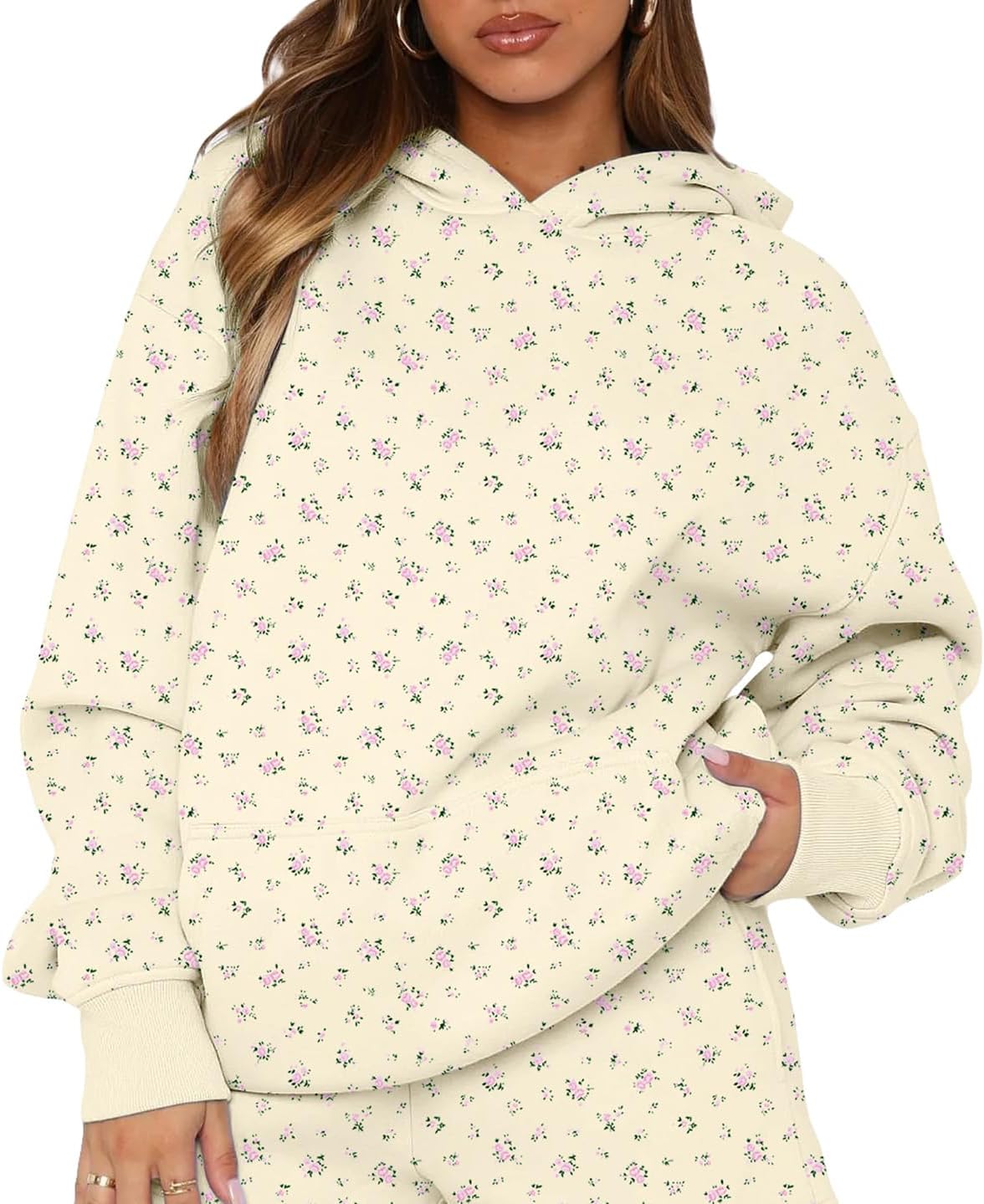 BAIGRAM Women Oversized Ditsy Floral Fleece Hoodies Snowflake Print Hooded Sweatshirt 2025 Y2K Aesthetic Fall Pullover