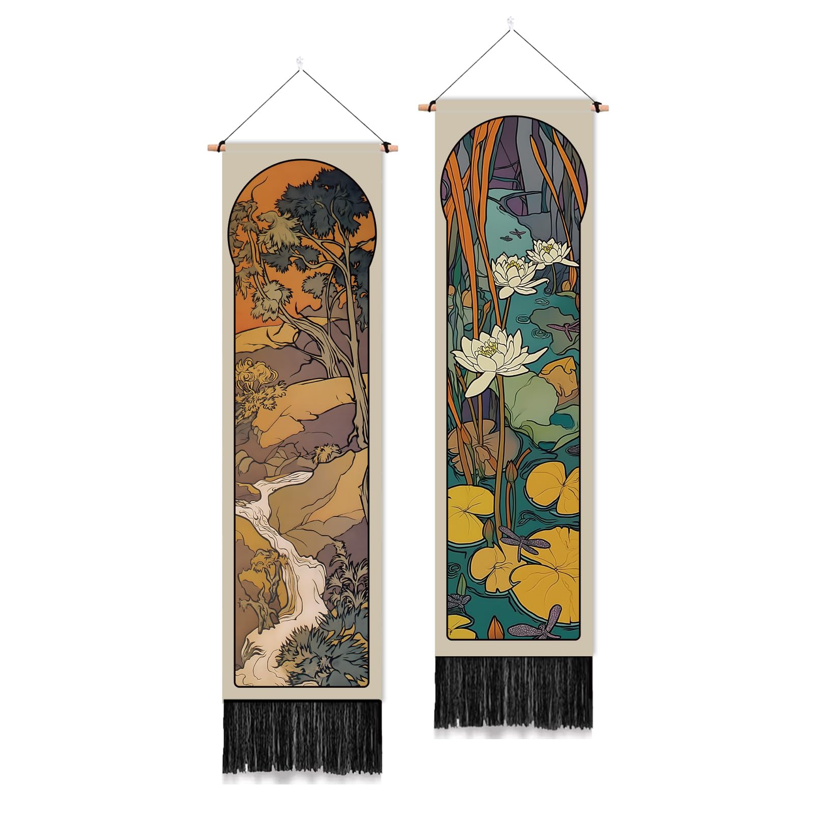 PLIGREAT Confezione da 2 arazzi da parete in stile Mucha, con albero di loto e nappe, con fiume di montagna, per camera da letto, soggiorno, decorazione della casa, arte colorata, 130 x 33 cm
