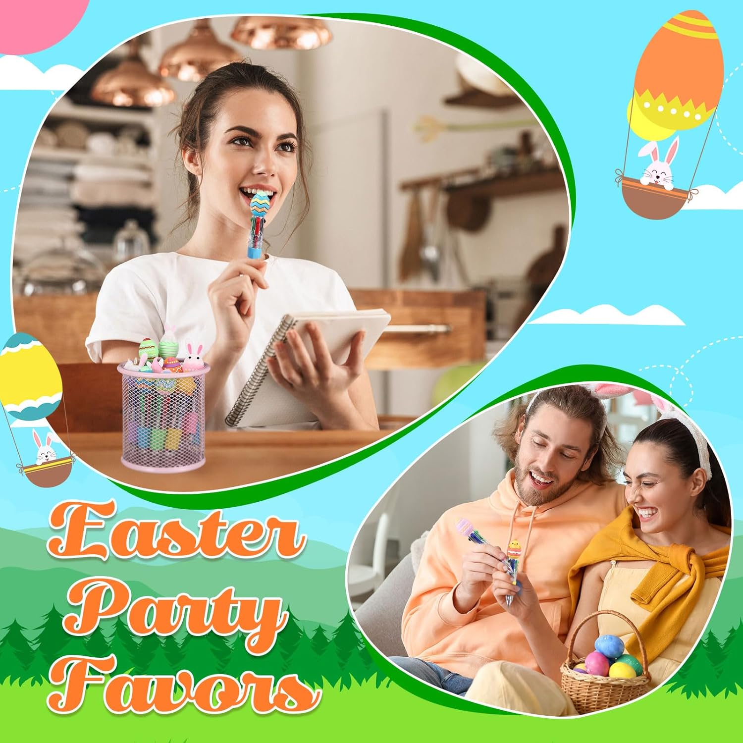 Gilprop 50 Pcs Multicolor Easter Ballpoint Pen Bulk 4 in 1 Retractable Cartoon Bunny Gnome Eggs Ballpoint Writing Pens for Easter Basket Stuffers Spring Party Supplies Favors Exchange Gifts Rewards