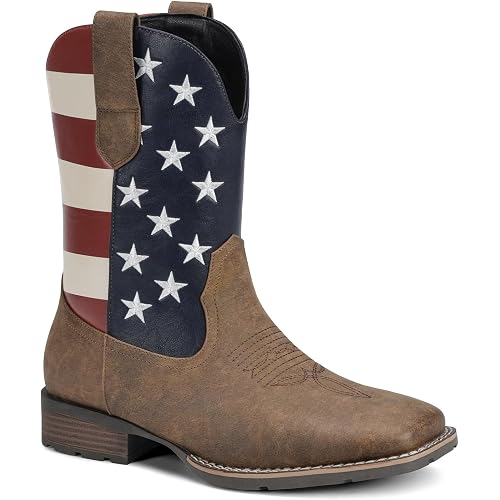 Lumeheel Cowboy Boots for Men - Western Men's Boots with Classic Embroidered, Slip on Square Toe Boots, Slip Resistant Country Boots Chunky Heel Ankle, Durable Short Boots for Spring Fall
