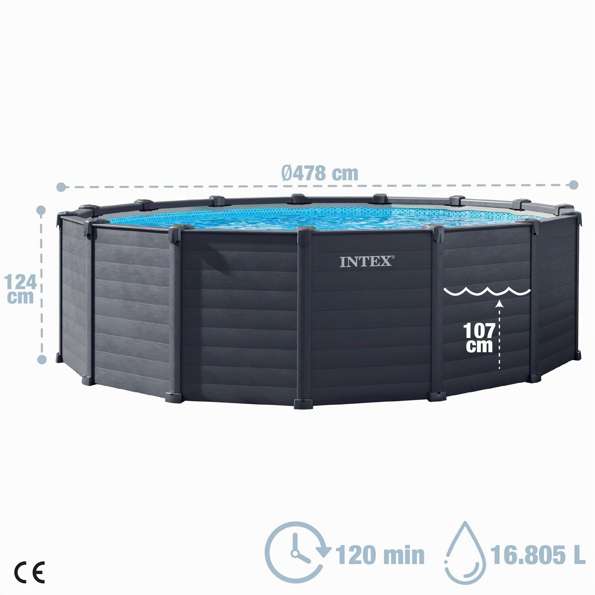 Intex 26384 Piscina Fuori Terra Graphite Panel, Grigio Grafite, Ø 478 x 124 cm, Sistema di Filtrazione a Sabbia e Scaletta Inclusi