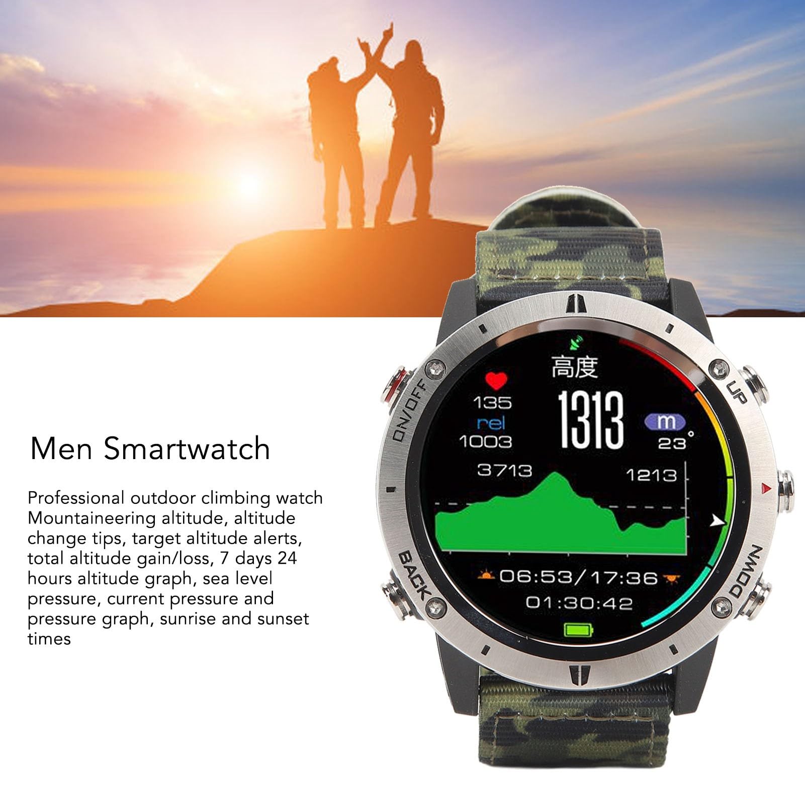 Jiawu Smartwatch Fitness, Acciaio Inossidabile e Nylon Smartwatch da Uomo con APP per Ciclismo (Camuffare)