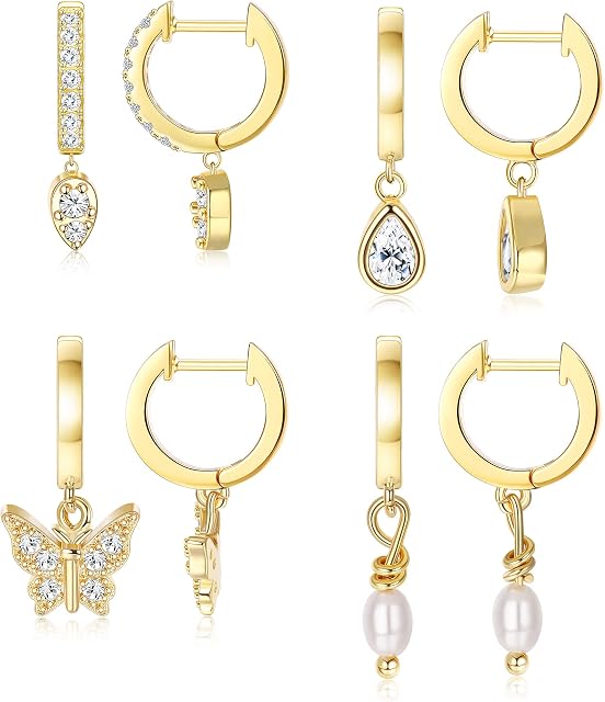 CASSIECA 4 Pairs Womens Earrings Huggie Hoop Earrings for Women Huggie Dangle Earrings Silver Gold Small CZ Pearl Butterfly Drop Earrings Birthday Christmas Gifts for Her