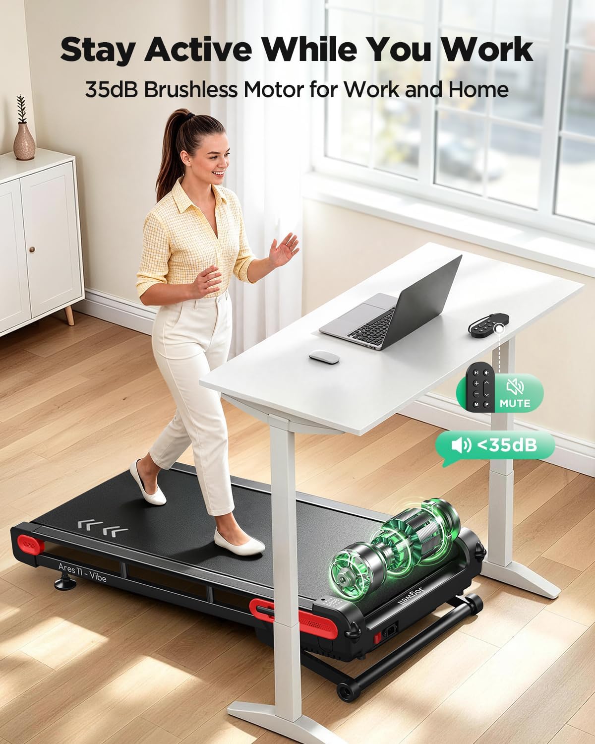 Woman walking on the Jogwell Walking Pad under a standing desk, highlighting the quiet 35dB operation and remote control.