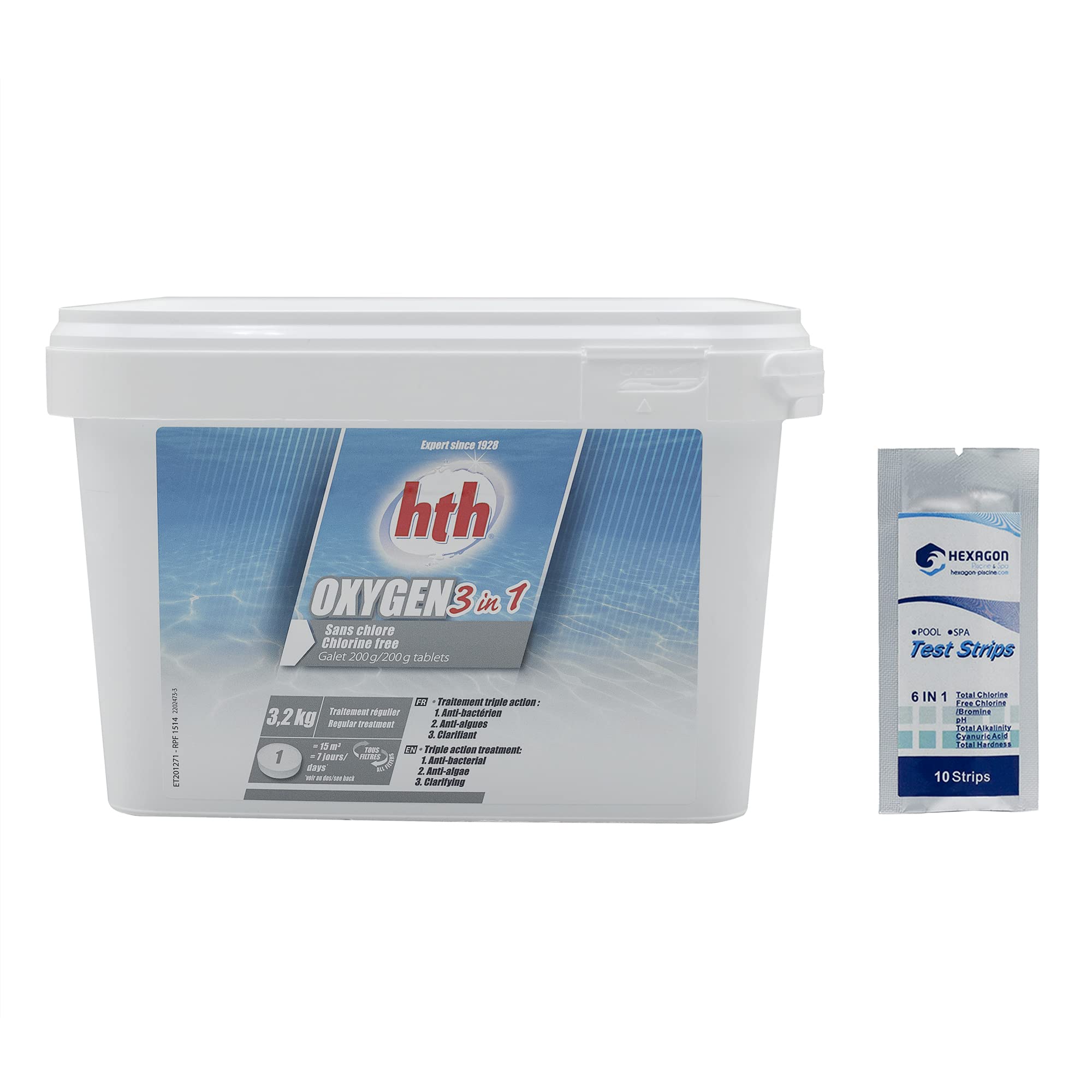 HTH Oxygen 3 en 1 Galet Multi Fonction 200g - 3,2kg | Oxygène Actif Multiaction - Désinfection Régulière Multifonction - sans Chlore - Dissolution Lente + 10 Tests HPS OFFERTS 6 en 1