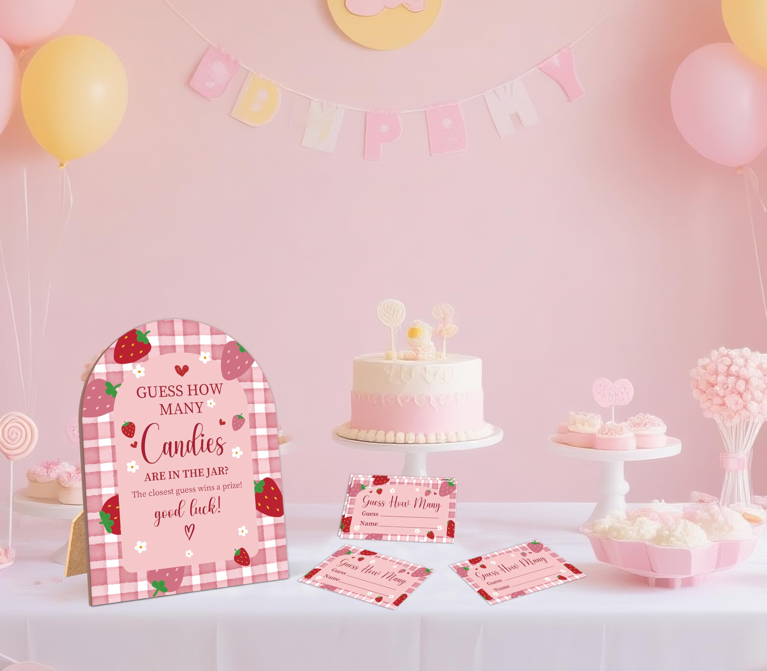 Juego de 51 piezas de fresa Cuántos dulces están en el tarro, juego de baby shower, letrero de madera de arco de 6 x 8 pulgadas con soporte y 50 tarjetas de adivinación, decoración de fiesta neutral