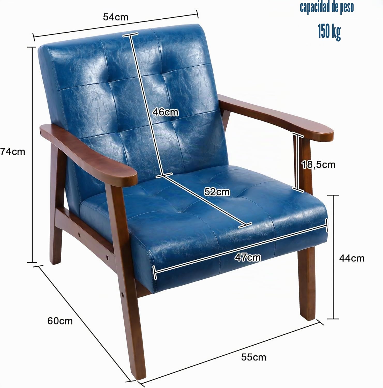 Sillón Retro de Madera Maciza para Salón - Tapizado con Reposabrazos, Marco Medieval - Diseño de Piel Sintética y Roble para Dormitorio, Café, Balcón(Azul)