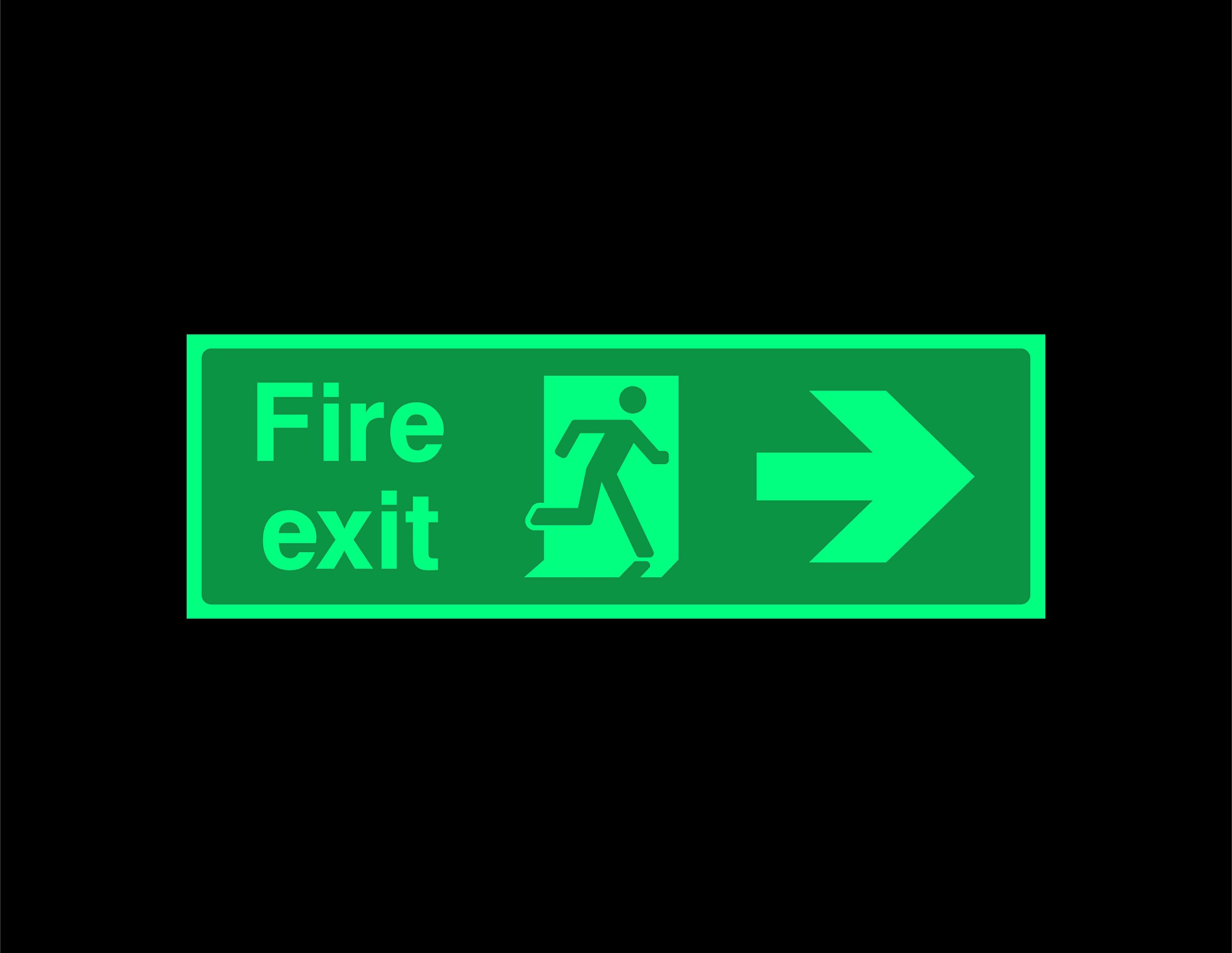 Fire exit right Safety sign - 300mm x 100mm 1.2mm Photoluminescent rigid plastic with self adhesive backing