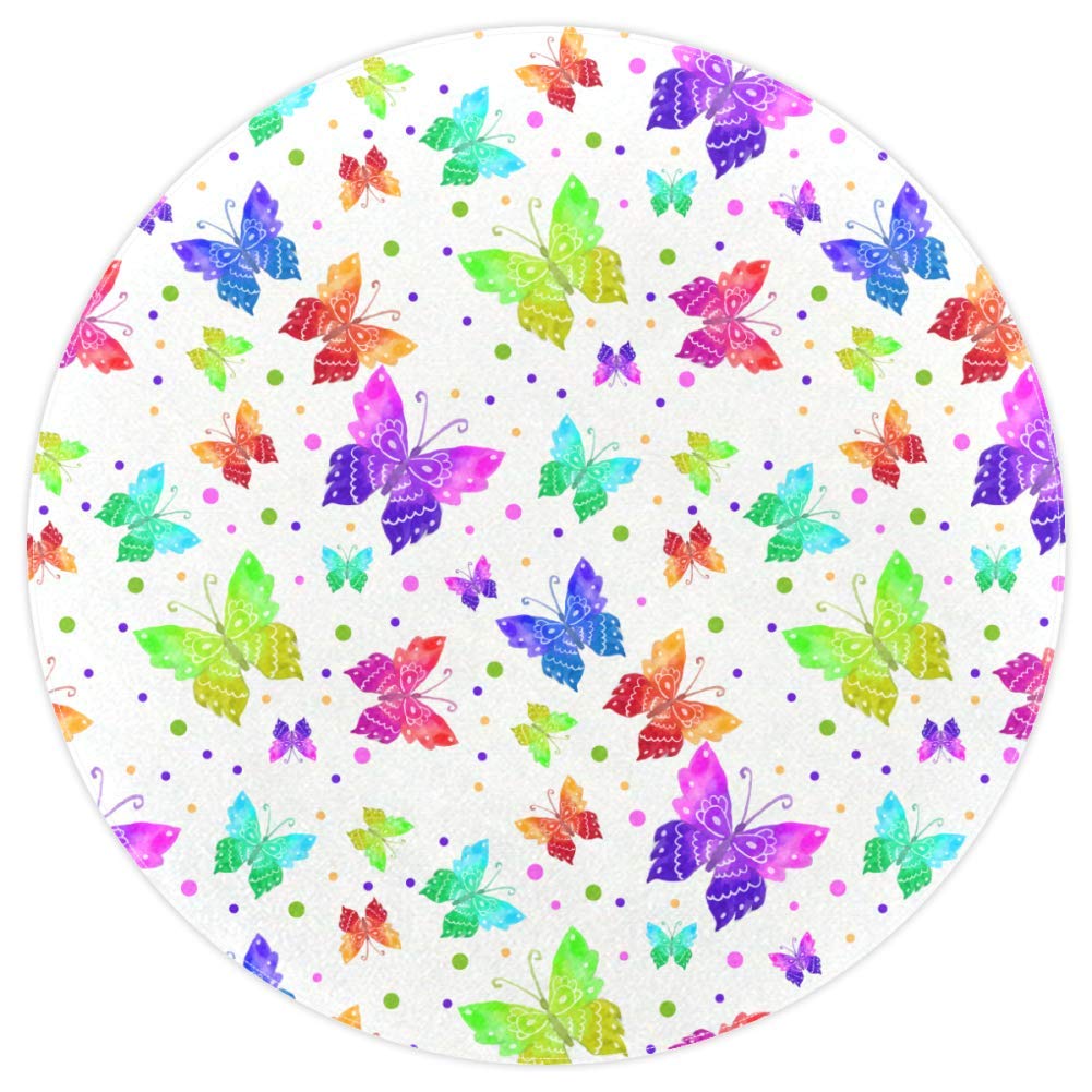 Tapis rond coloré papillons 120cm antidérapant pour chambre d'enfant