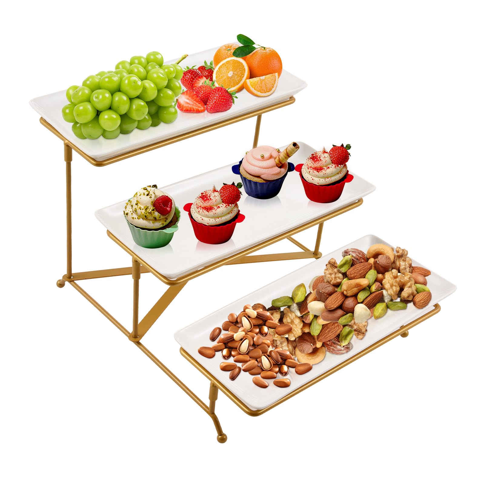 Jiawu Bandejas para Servir, Bandeja para Servir Desmontable de 3 Niveles, 12.0 X 5.0 in, Platos para Que Ahorran Espacio con Base de Acero Al Carbono para Fiestas, Alimentos, Frutas, Postres,