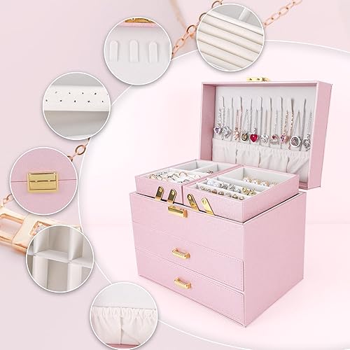 Miniatura 4 de Dajasan Cajas de joyería para mujeres y niñas, organizador de almacenamiento de joyas, 4 capas, caja organizadora de joyas grande con 2 cajones para
