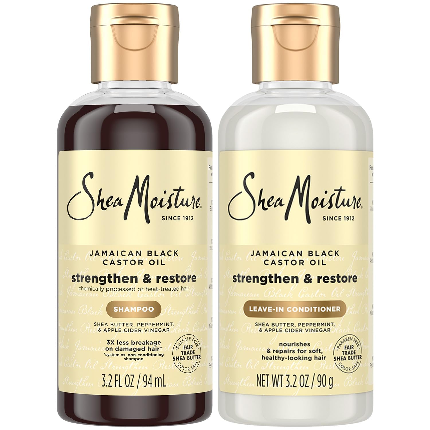 SheaMoisture Travel Essentials, Jamaican Black Castor Oil Strengthen & Restore Shampoo and Leave-in Conditioner Set, 3.2 Oz Each