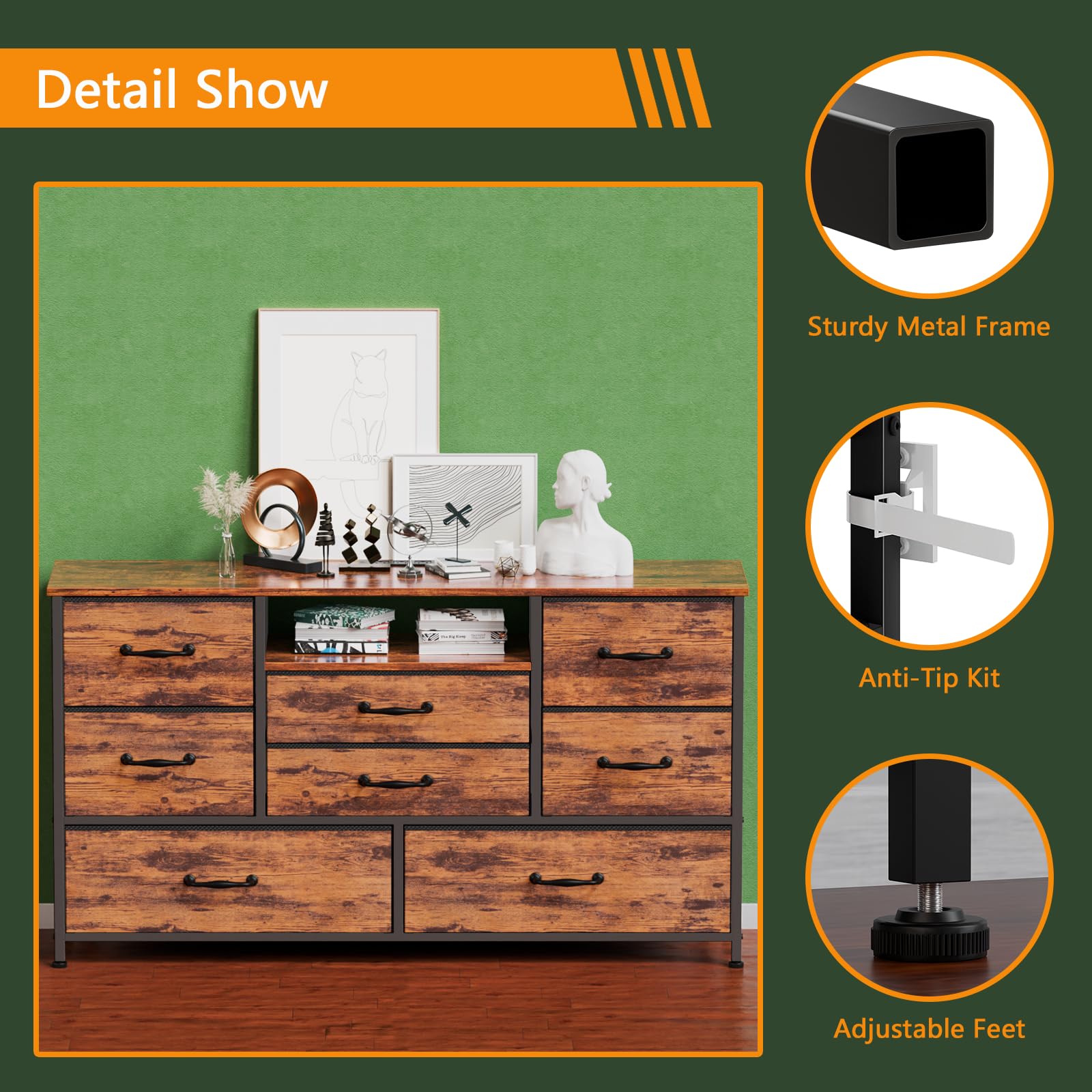 Commode 7 Tiroirs En Tissu Gris - Rangement Pratique Pour Chambre Ou Salon, Design Moderne