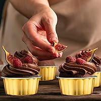 Vista 5 de Tessco for you 100 moldes desechables con tapas, 8 onzas, Ramekin Creme Brulee Ramekin, papel de aluminio, para cupcakes, para hornear, San Amarillo