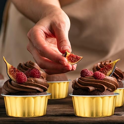 Miniatura 5 de Tessco for you 100 moldes desechables con tapas, 8 onzas, Ramekin Creme Brulee Ramekin, papel de aluminio, para cupcakes, para hornear, San