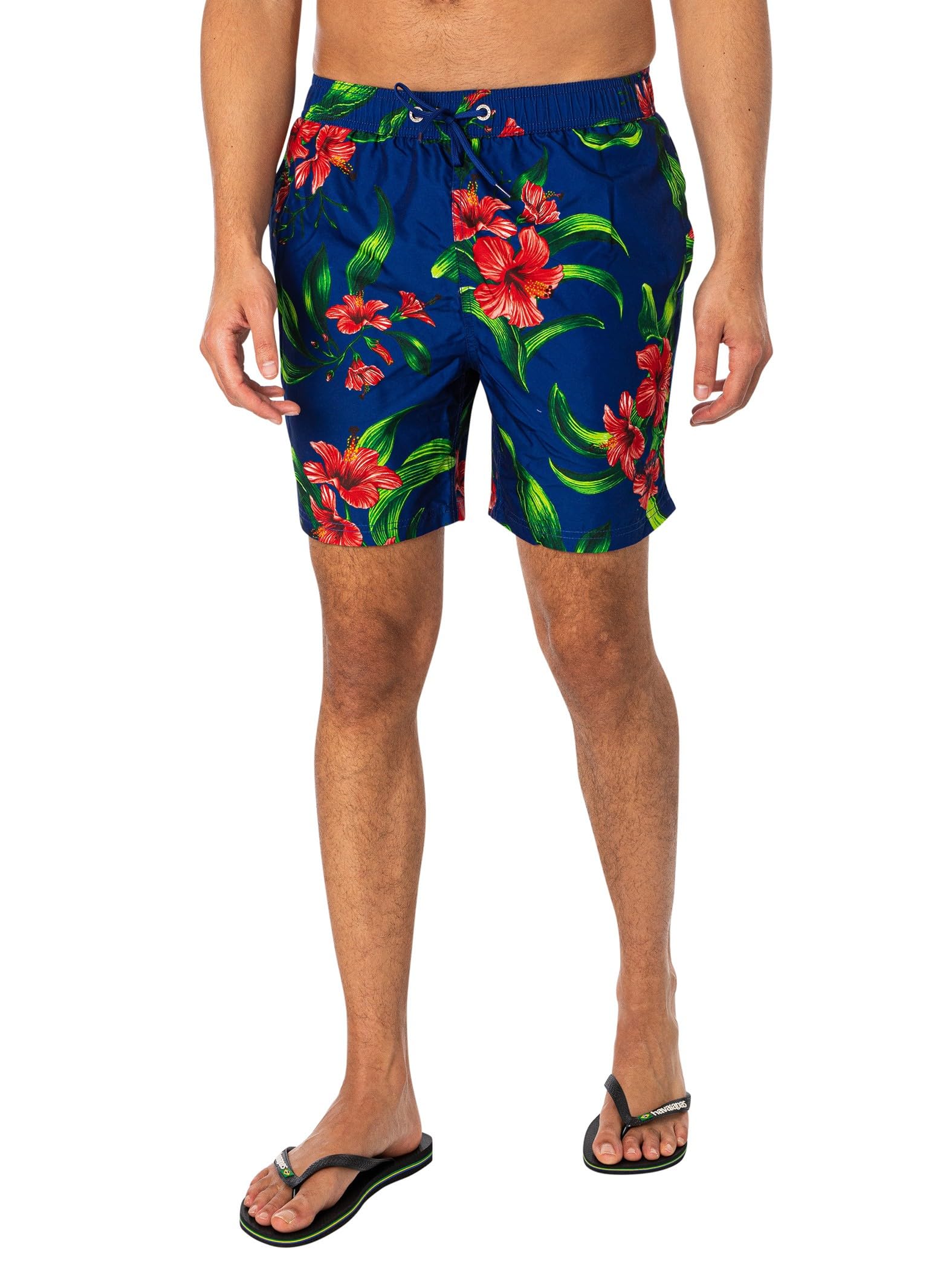 Superdry Pantalones cortos de baño reciclados con estampado hawaiano de 17 pulgadas, color azul rey hibisco