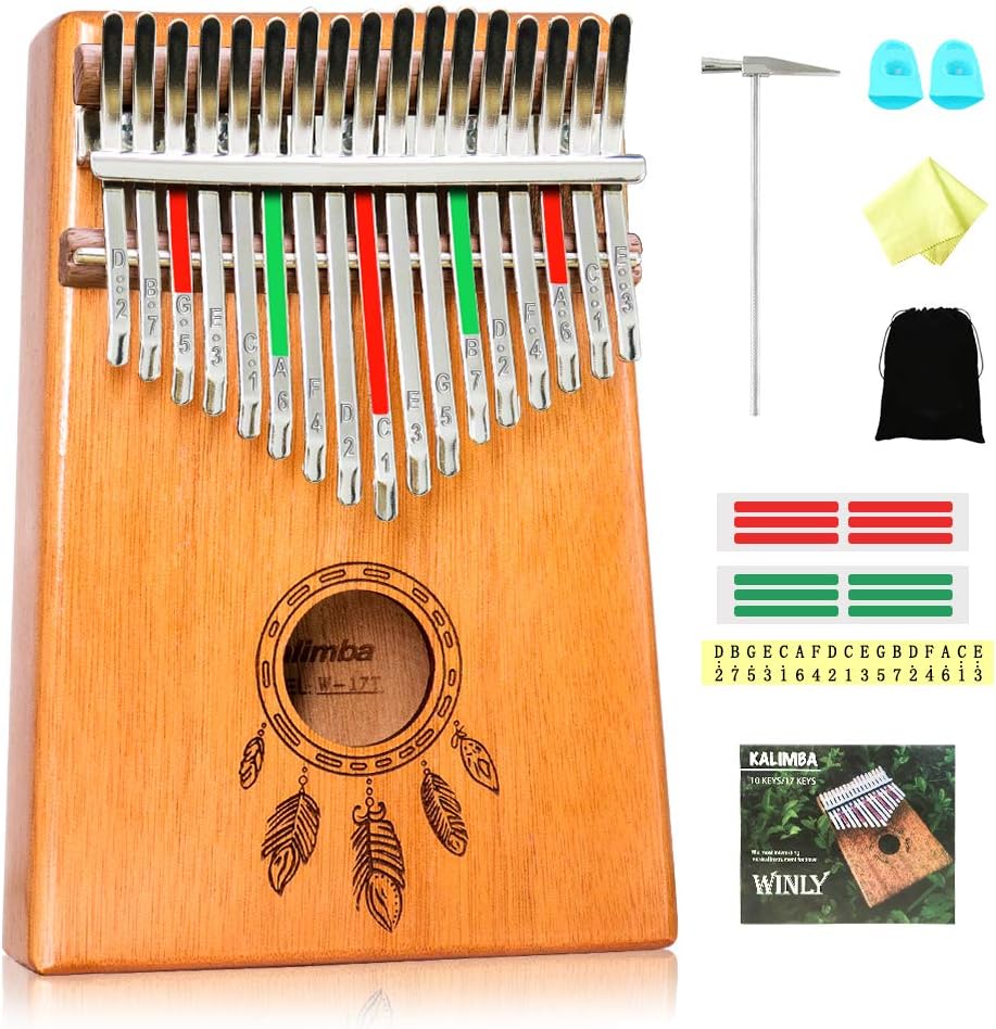 Kalimba 17 Keys Thumb Piano - Portable Finger Thumb Piano, High Quality Mahogany Wood, Mbira with Tuning Hammer Piano Bag Study Instruction, Kalimba Christmas Gift for Children Beginners
