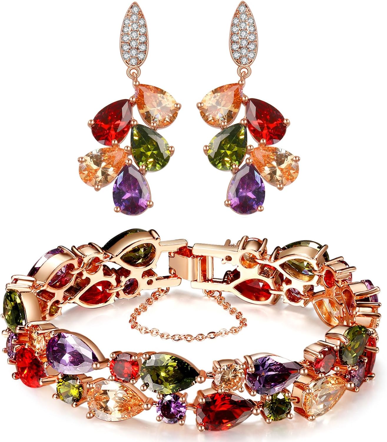 Hermosa Rose Gold Bracelet + Gemstone Earrings Jewelry Set