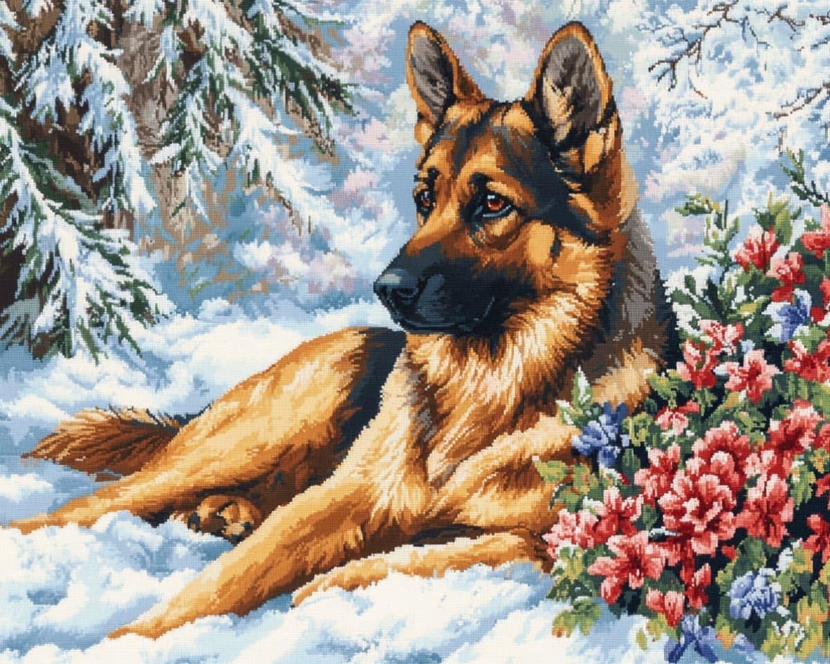 AxiangziK DIY Cross Stitch Embroidery Kit 12x16in,German Shepherd in the Snow Pre Printed Counted Cross Stitch Patterns,11CT Handmade Cushion Needlework Kit for Home Decoration & Gift