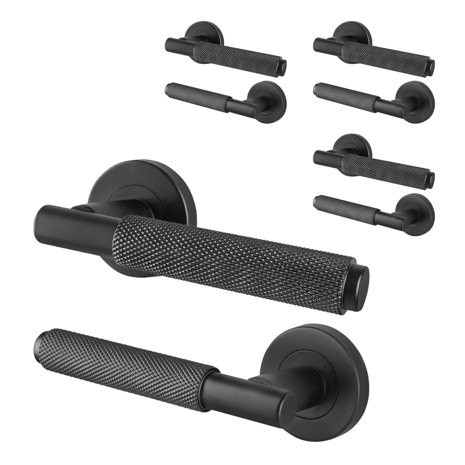 EAI Black Knurled Door Handles, 4 Pairs of Internal Matt Black Lever on Rose Round Handles - Dolton Range โ image 1