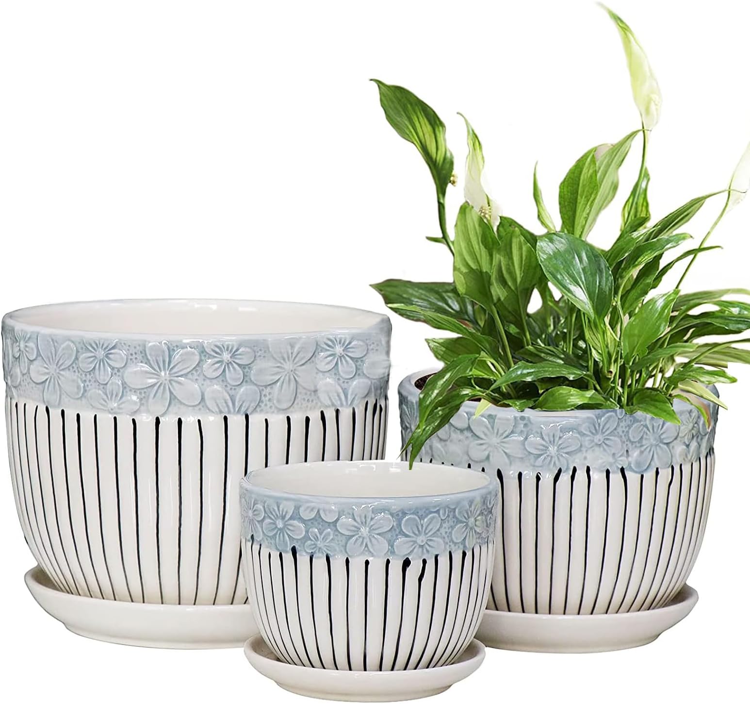 Plant Pots, 11cm & 14cm & 17cm Flower Pot with Drainage Holes and Saucers, Set of 3 Ceramic Plant Pot with Tray, Outdoor Small to Medium Sized Round Modern Ceramic Garden Flower Pots