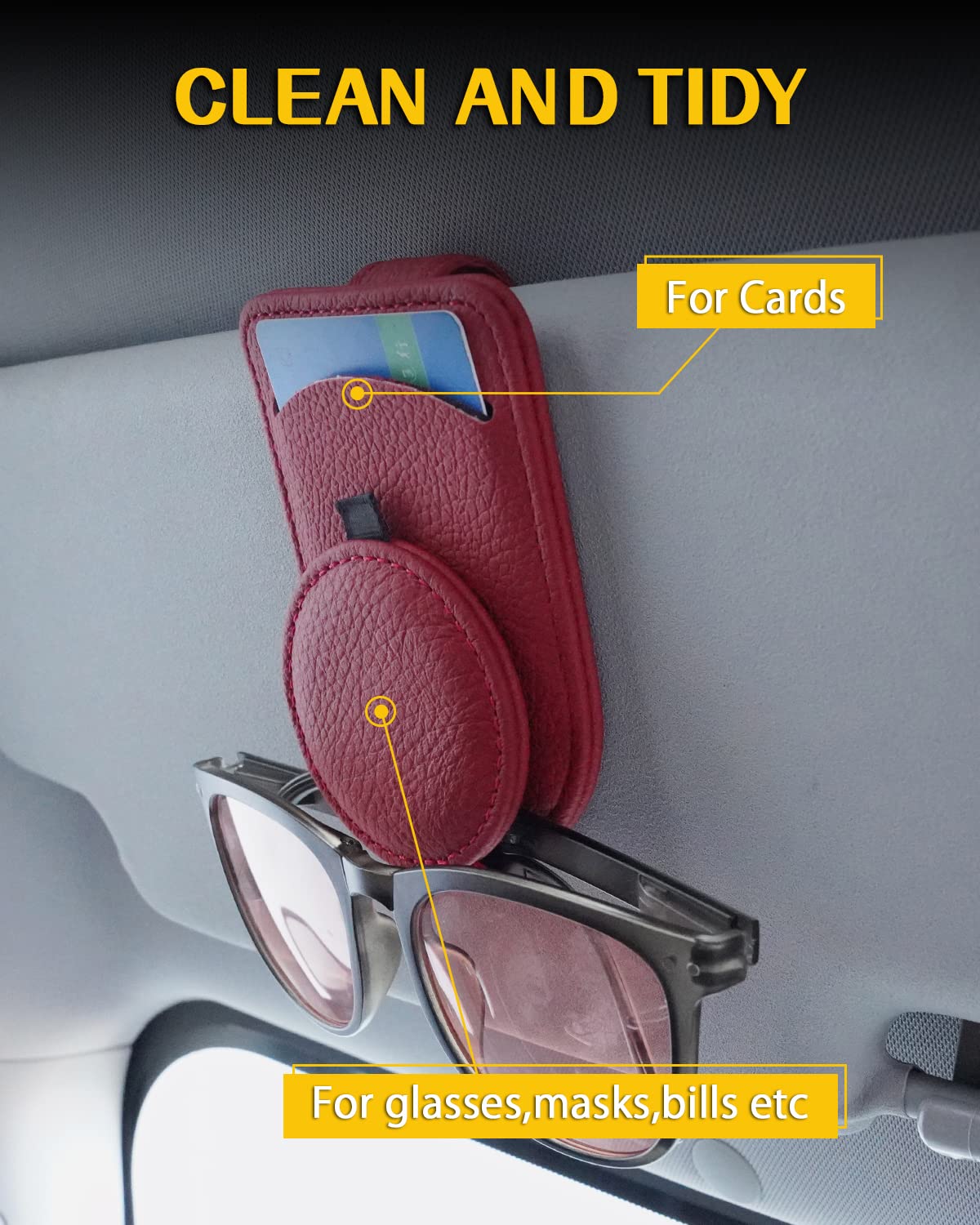 YONGMING Car Sunglass Document Holder Leather Visor Glasses Sunglass Clip for Car Universal Eyeglass Card Holder Bills Ticket Credit Card Clip Storage,2 Pack