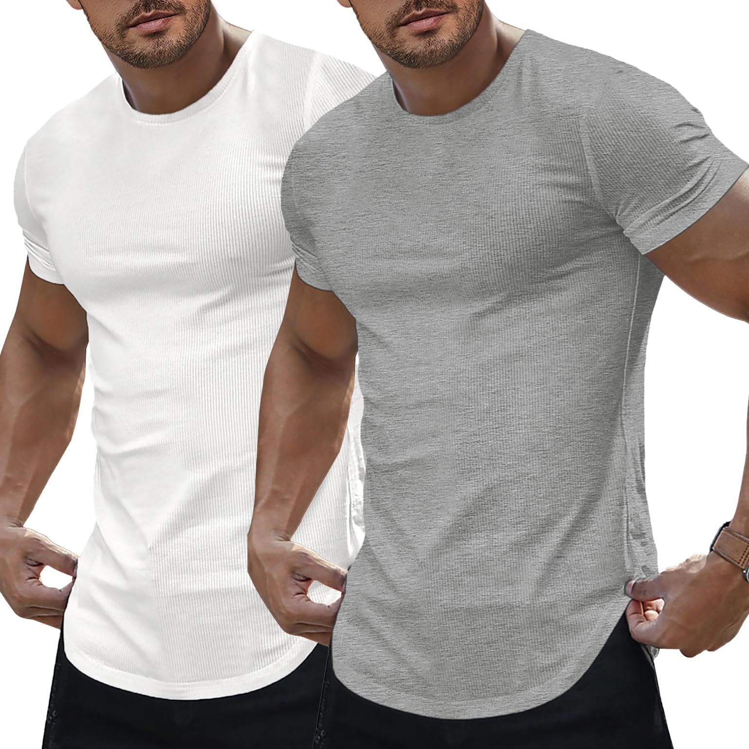 JMIERR Mens Short Sleeve T Shirt Summer Muscle Slim Fitted Crewneck Longline Tees Shirts for Gym Workout